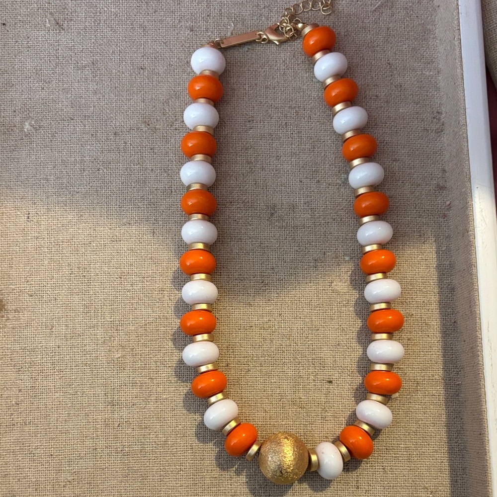 Vibrant Orange and White Beaded Necklace with Gold Accent. Perfect for TN games!